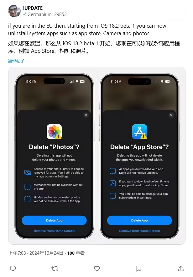 开福苹果手机维修分享iOS 18.2 支持删除 App Store 应用商店 