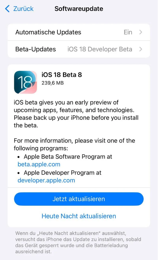 开福苹果手机维修分享苹果 iOS / iPadOS 18 开发者预览版 Beta 8 发布 